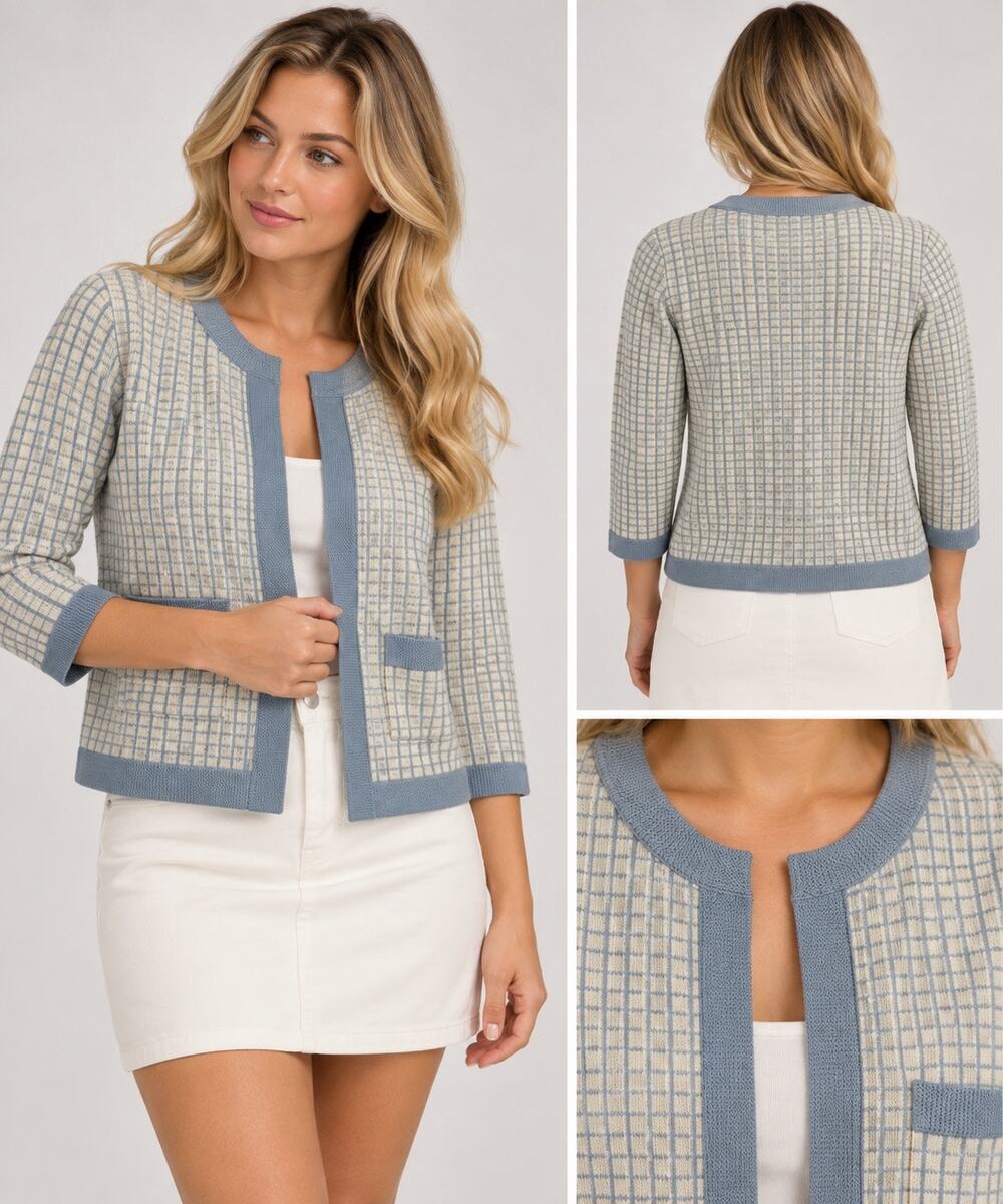 Cyrus Women’s XS Cream Blue Check Knit Cardigan Jacket Cropped 3/4 Sleeve